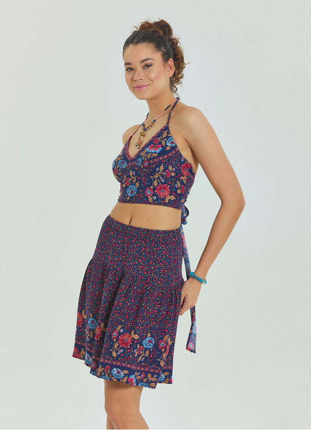 Halter Neck Open Back Pink Floral Crop Blouse 4615